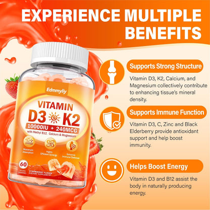 Vitamin D3 10000IU + K2 Gummies with Methyl B12, Calcium, Magnesium, Zinc & Elderberry - Sugar-free Vegan