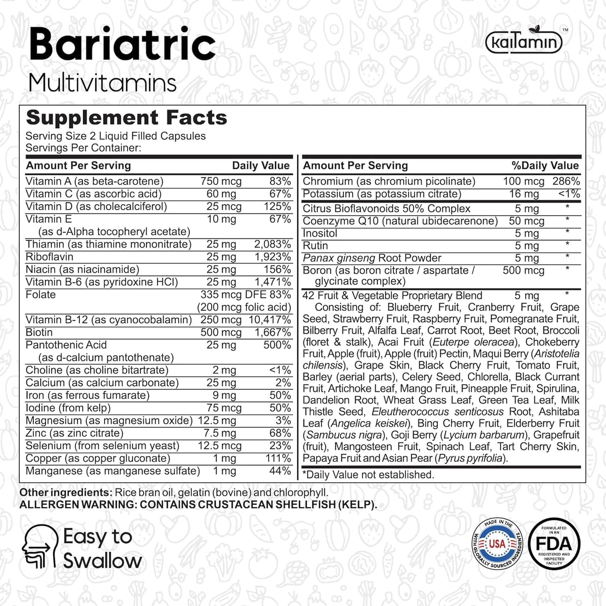 Kaitamin Bariatric Vitamins for Gastric Sleeve & Bypass with Iron, 60 Capsules – Image 3