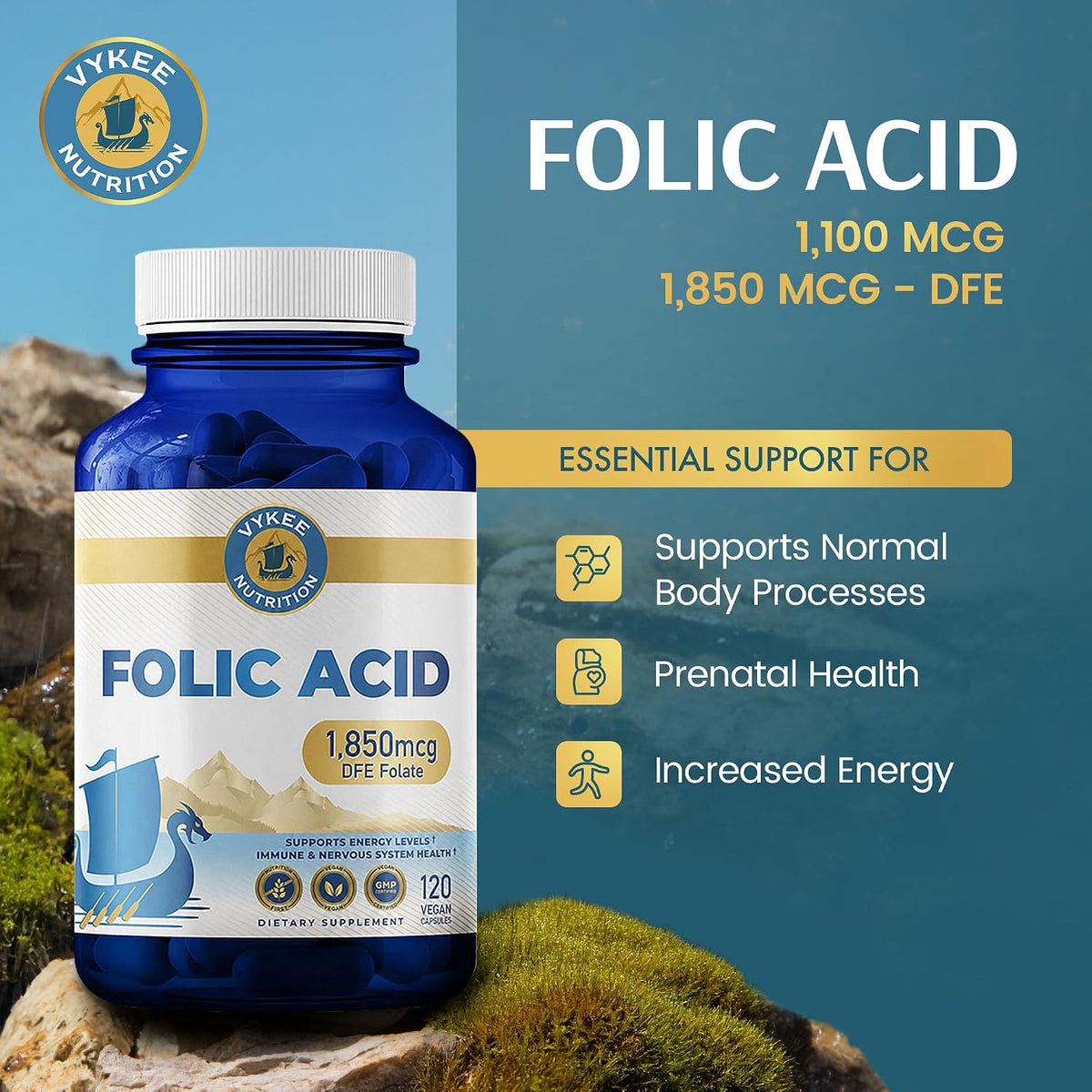 Vykee Nutrition Folic Acid Capsules - Supports Body Processes, Prenatal Health and Energy - Vitamin B9 Supplement for – Image 2