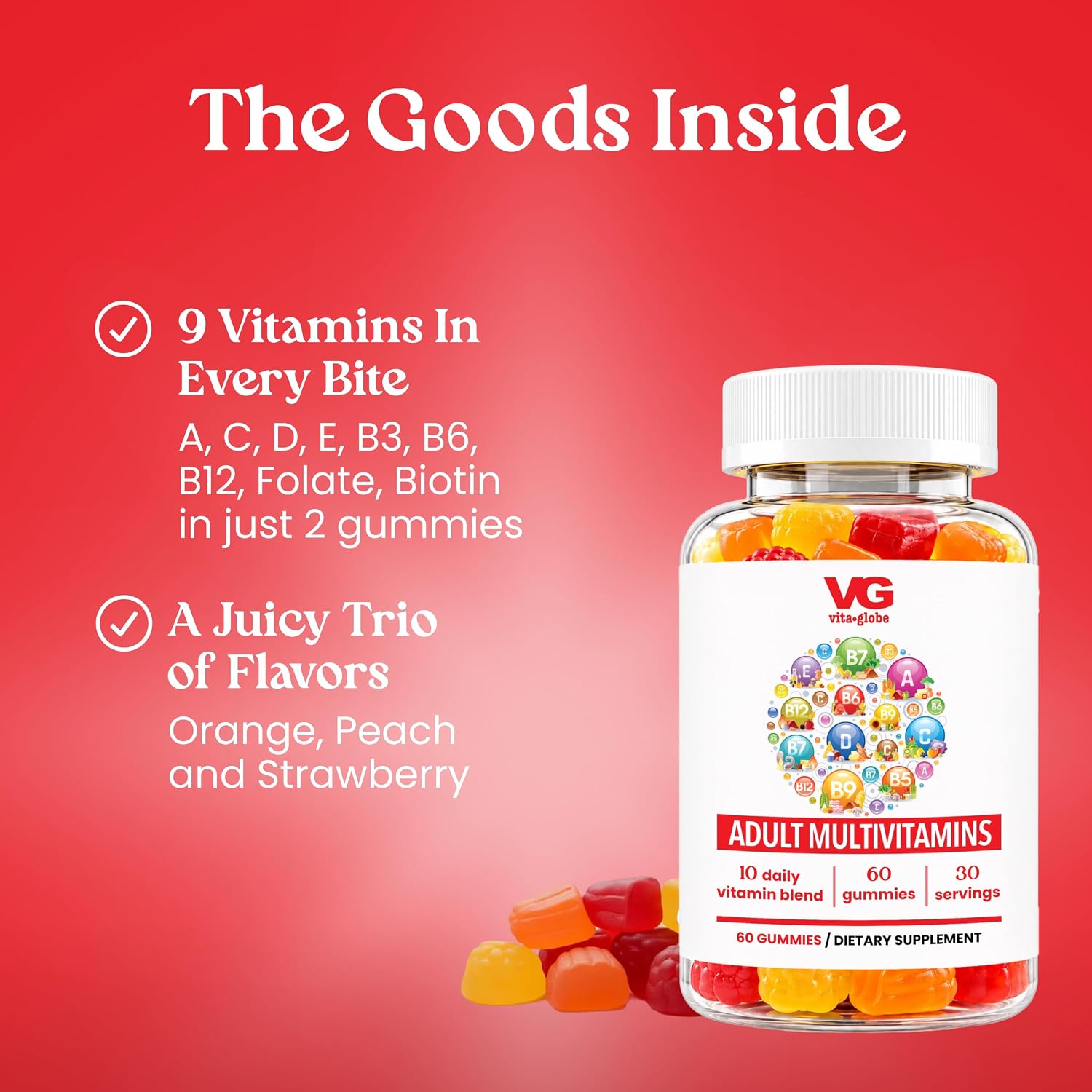 VITA GLOBE Adult Multivitamin Gummies – 9 Daily Vitamins with C, D, E, B6, B12, Folate & Biotin, Orange, Peach & Strawberry Flavours, Immune Support Supplement, 60 Gummies - görsel 5