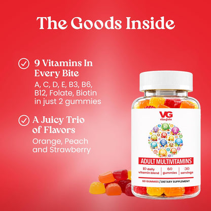 VITA GLOBE Adult Multivitamin Gummies – 9 Daily Vitamins with C, D, E, B6, B12, Folate & Biotin, Orange, Peach & Strawberry Flavours, Immune Support Supplement, 60 Gummies