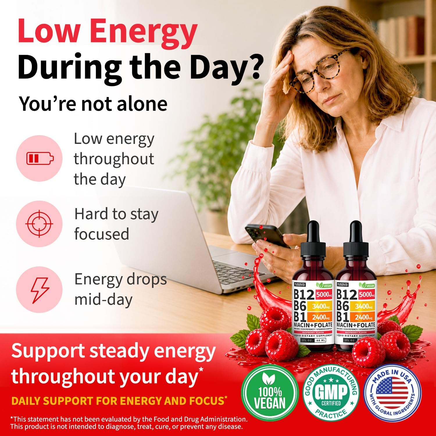 NUSAVA (2 Pack) Vitamin B12 Liquid Drops with B6, B1, Niacin & Folate — B12 Sublingual Vitamin B Complex, Methylcobalamin 5000 mcg, for Energy, Brain & Heart Support, Raspberry Flavour, 80 Servings - görsel 2
