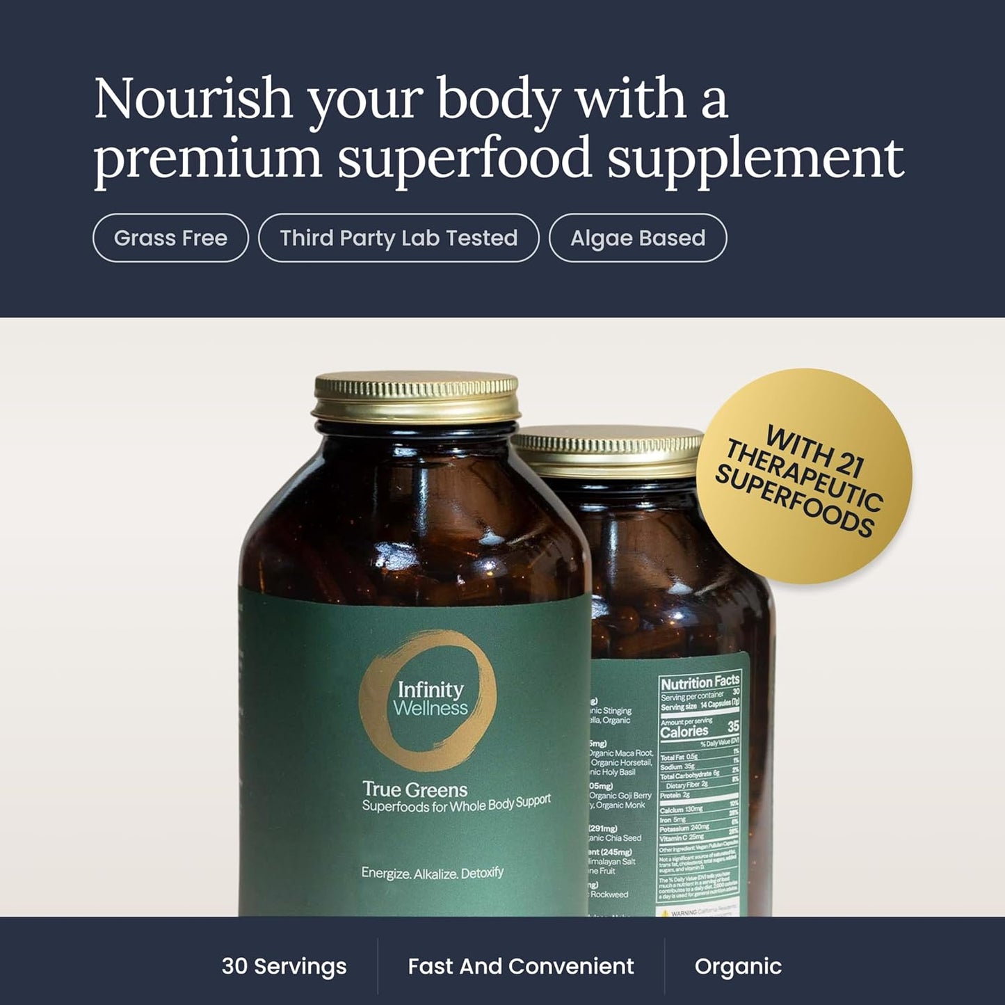 Infinity Greens Superfood Capsules - Blue Green Algae Based with 28 Organic Superfoods, No Fillers or Grasses, Low Temp Dehydrated (34 Servings) - görsel 5