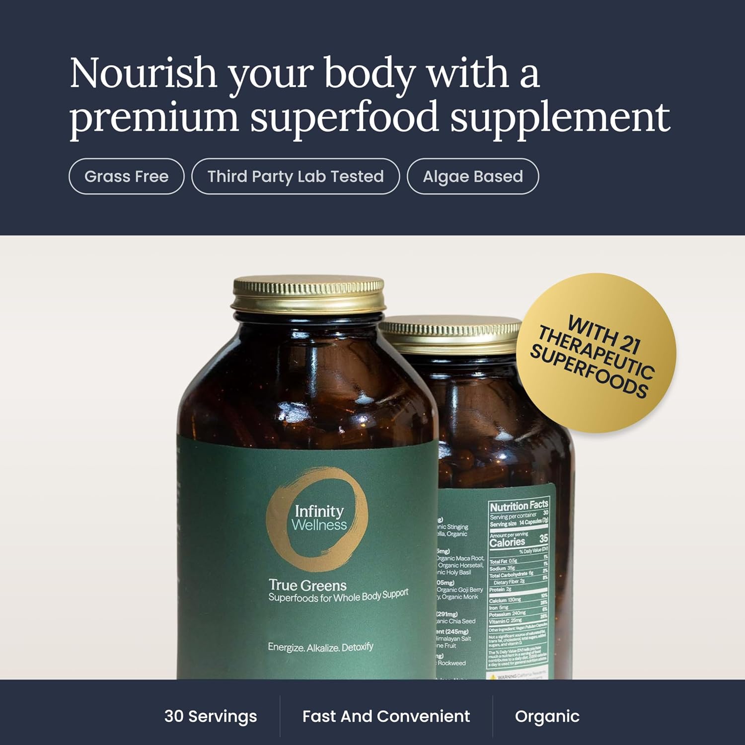 Infinity Greens Superfood Capsules - Blue Green Algae Based with 28 Organic Superfoods, No Fillers or Grasses, Low Temp Dehydrated (34 Servings) - görsel 5