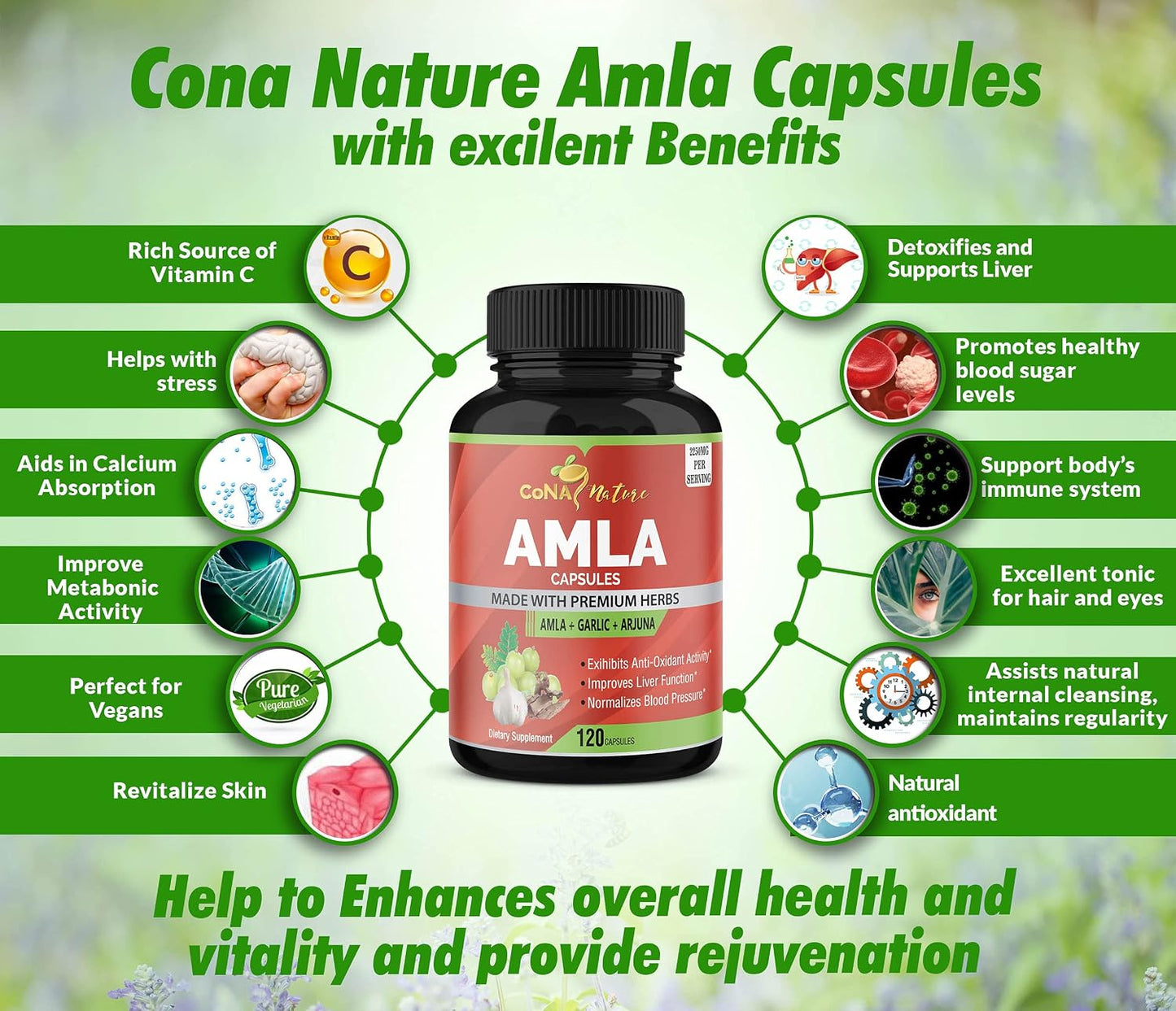 Cona Nature Organic Amla Capsules 1650mg with Arjuna & Garlic – Natural Vitamin C Supplement, Antioxidant Rejuvenator, Immunity & Energy Support, Gluten free, Vegan, 120 Capsules - görsel 4