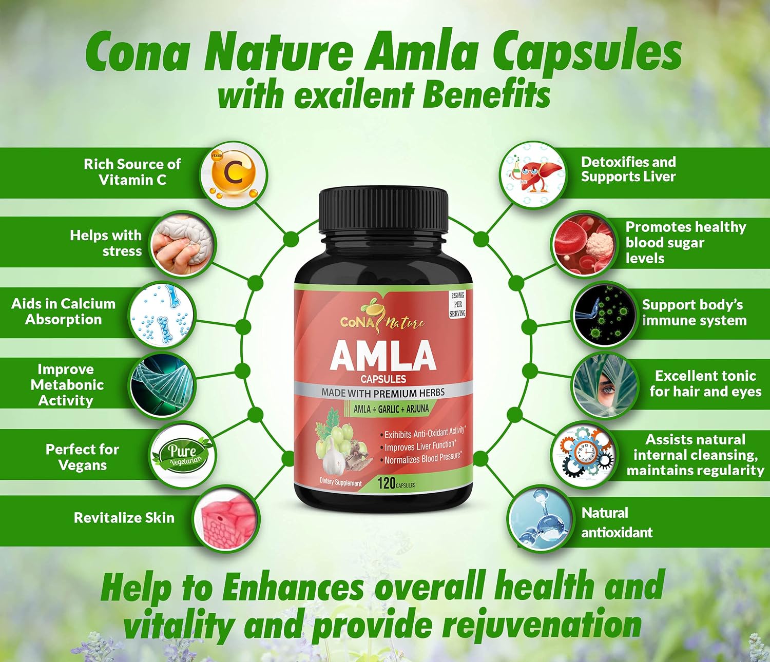 Cona Nature Organic Amla Capsules 1650mg with Arjuna & Garlic – Natural Vitamin C Supplement, Antioxidant Rejuvenator, Immunity & Energy Support, Gluten free, Vegan, 120 Capsules - görsel 4