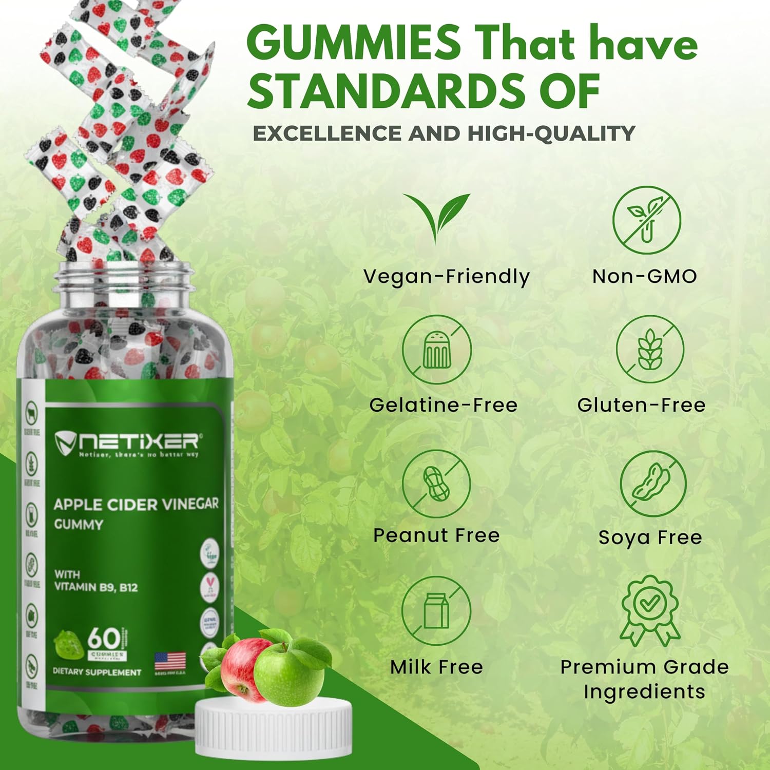 Apple Cider Vinegar Gummies – 350mg Apple Cider Vinegar per Gummy – with Vitamin B9 & B12 – Vegan Pectin Gummies – Individually Wrapped – 60 Gummies - görsel 5