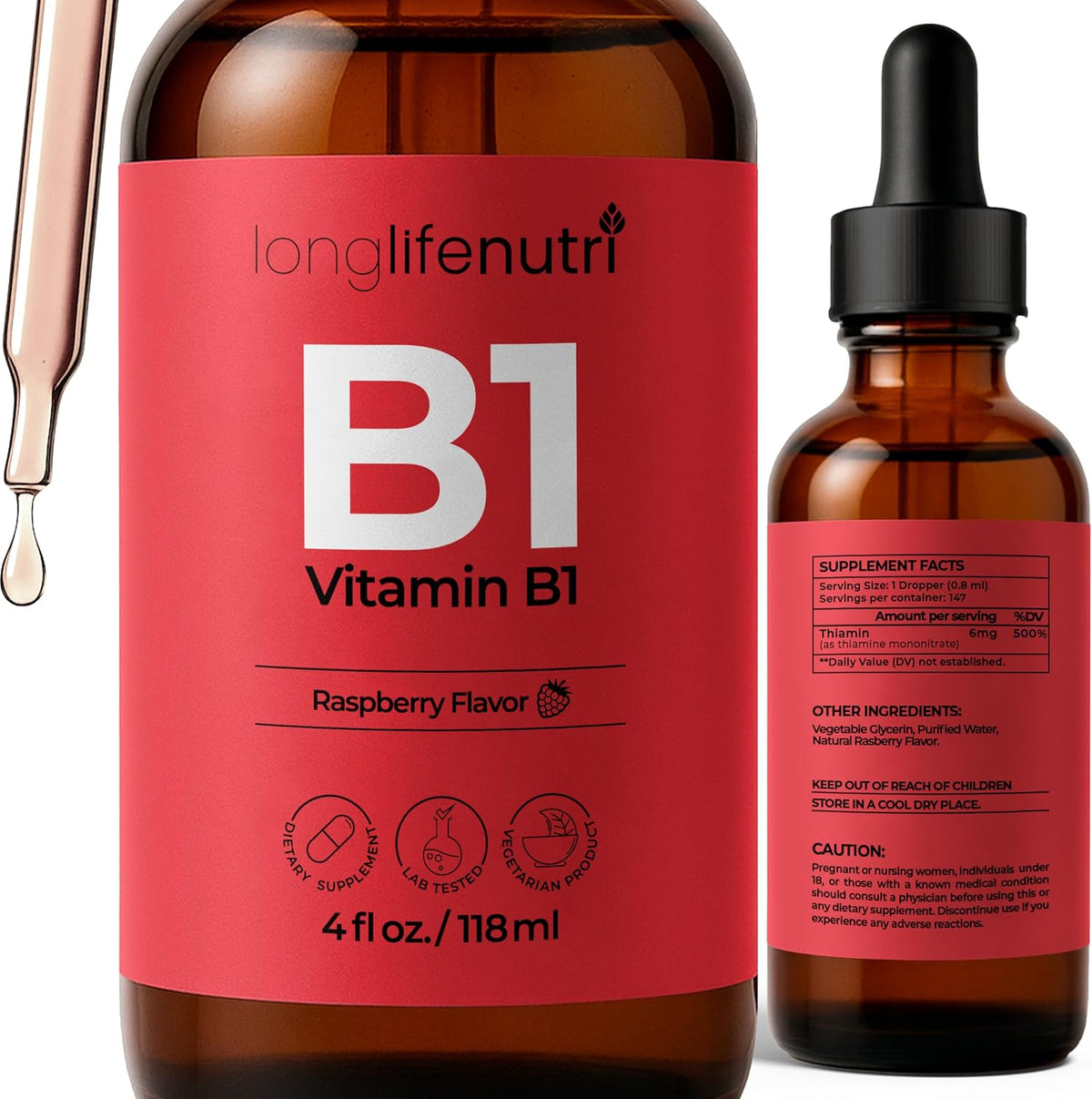 LongLifeNutri Vitamin B1 Liquid Drops – – Supports energy metabolism – Thiamine helps convert carbohydrates into – Image 1