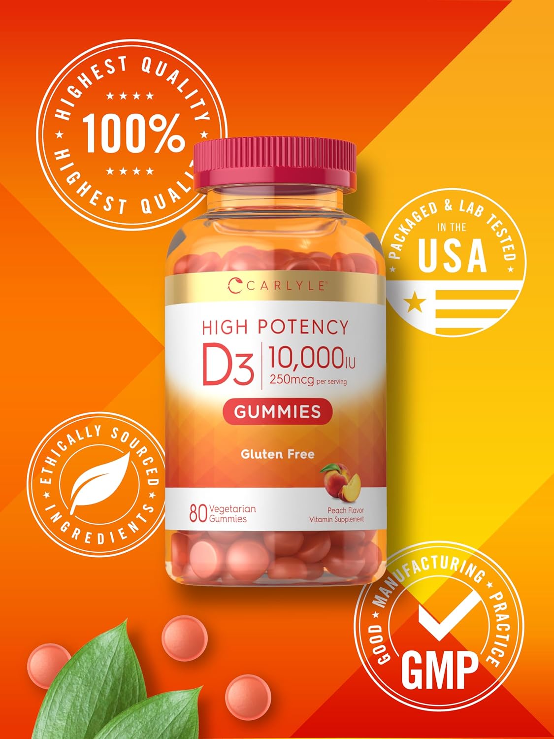 Carlyle Vitamin D3 10000 IU Gummies for Adults - 80 Count, Peach Flavoured, High Potency, Vegetarian, Non-GM, Gluten Free - görsel 6