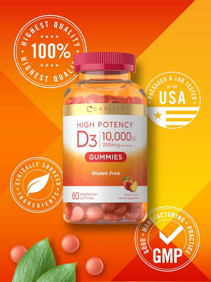 Carlyle Vitamin D3 10000 IU Gummies for Adults - 80 Count, Peach Flavoured, High Potency, Vegetarian, Non-GM, Gluten Free