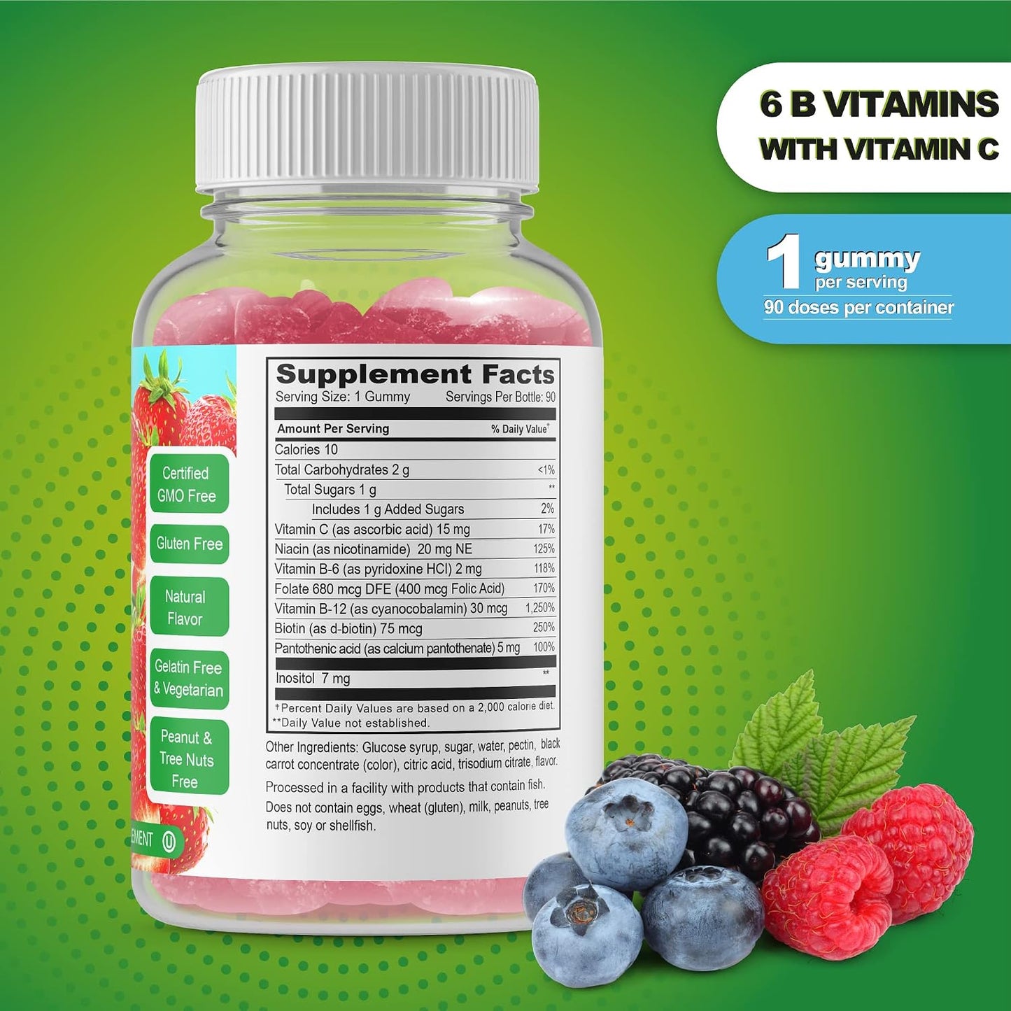 Vitamin B Complex Gummies – Vegan, GMO-Free, Gluten free, Strawberry Flavour – 90 Gummies - görsel 2