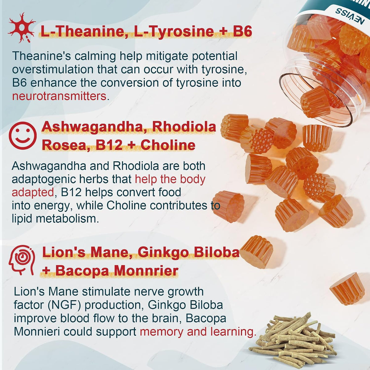 NEVISS Sugar-free L-Tyrosine Gummies – – Brain Herb Complex: 300 mg blend of Lion's Mane, Ginkgo, Bacopa, – Image 3