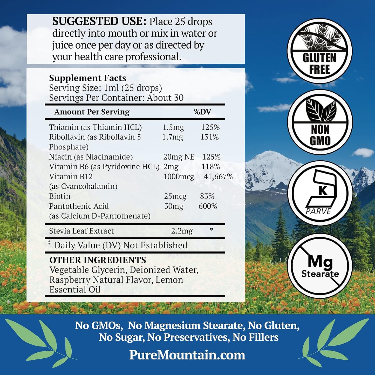 Pure Mountain Botanicals Liquid Vitamin B Complex - B12 B6 Drops - Raspberry Flavour - Kosher Non-GM - 30 Servings - görsel 2