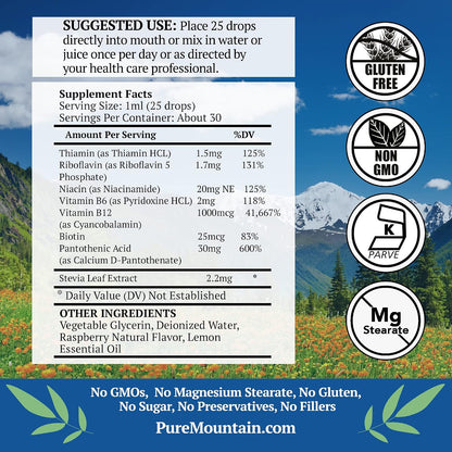 Pure Mountain Botanicals Liquid Vitamin B Complex - B12 B6 Drops - Raspberry Flavour - Kosher Non-GM - 30 Servings