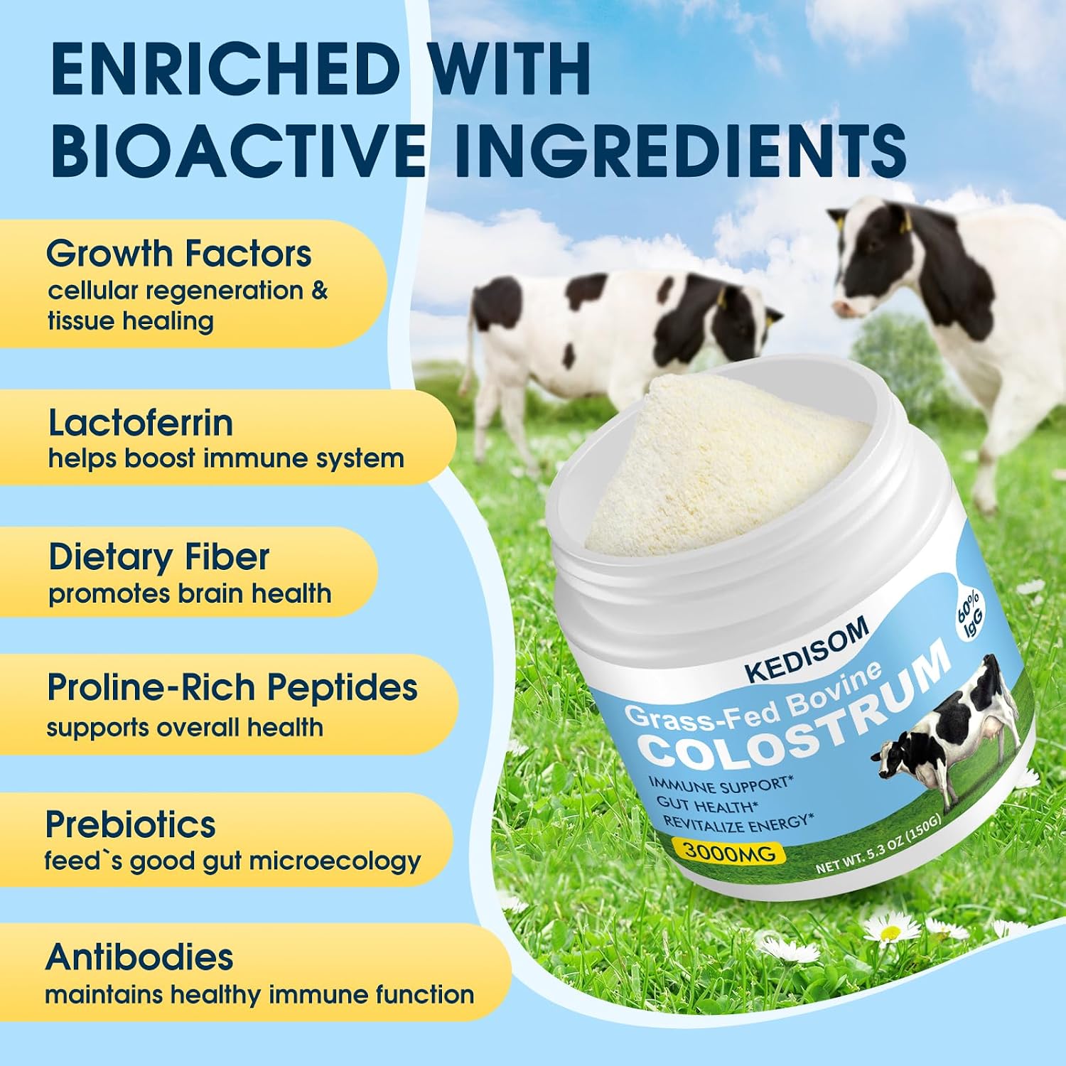 KEDISOM Grass-Fed Bovine Colostrum Powder – Liposomal, High IgG 3000 mg, Gut Health & Immune Support, Unflavoured, 50 Servings - görsel 4
