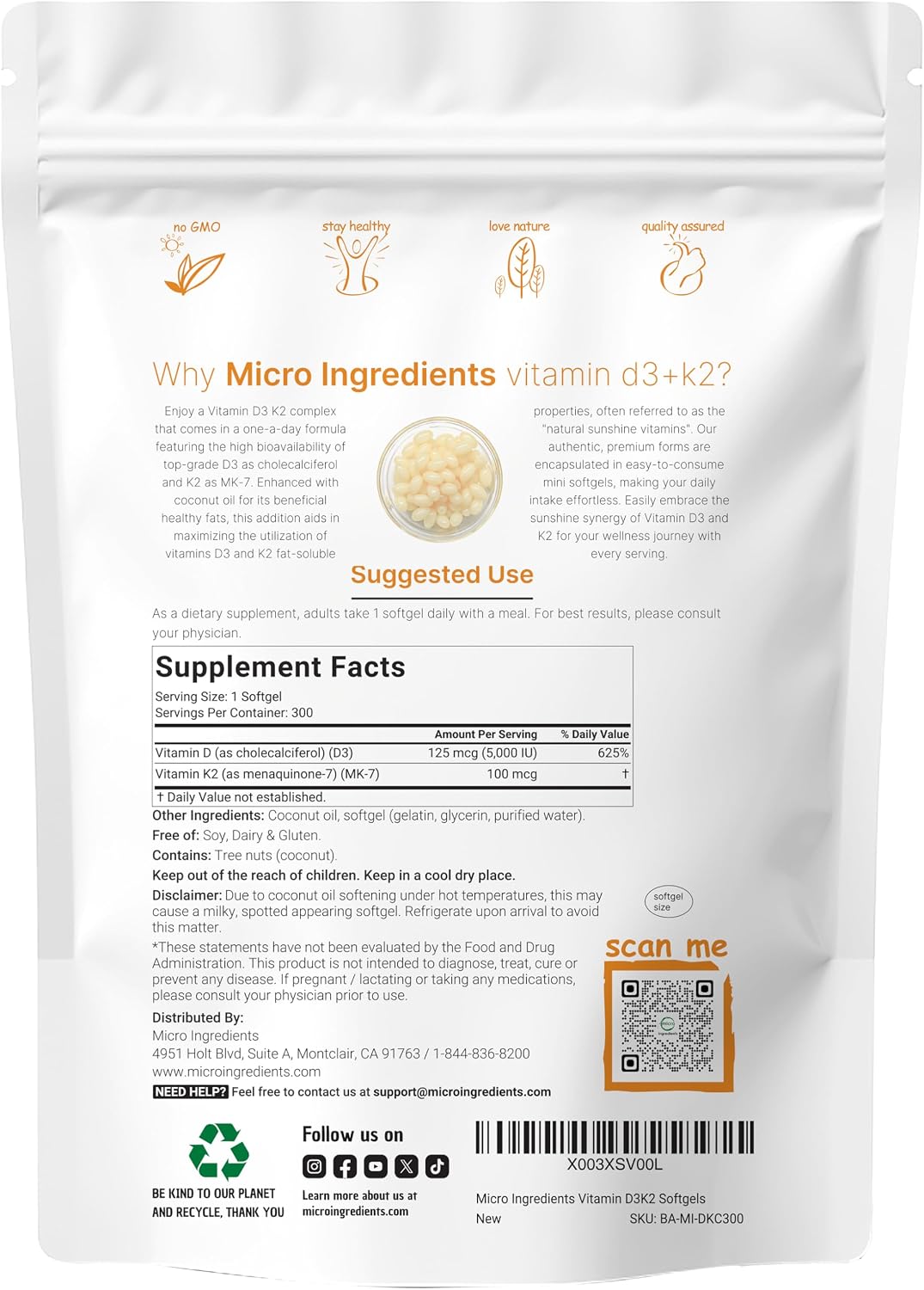 Micro Ingredients Vitamin D3 5,000 IU + K2 MK-7 100 mcg, 300 Softgels | Virgin Coconut Oil | 2-in-1 Support | Easy to Swallow, Non-GM - görsel 2