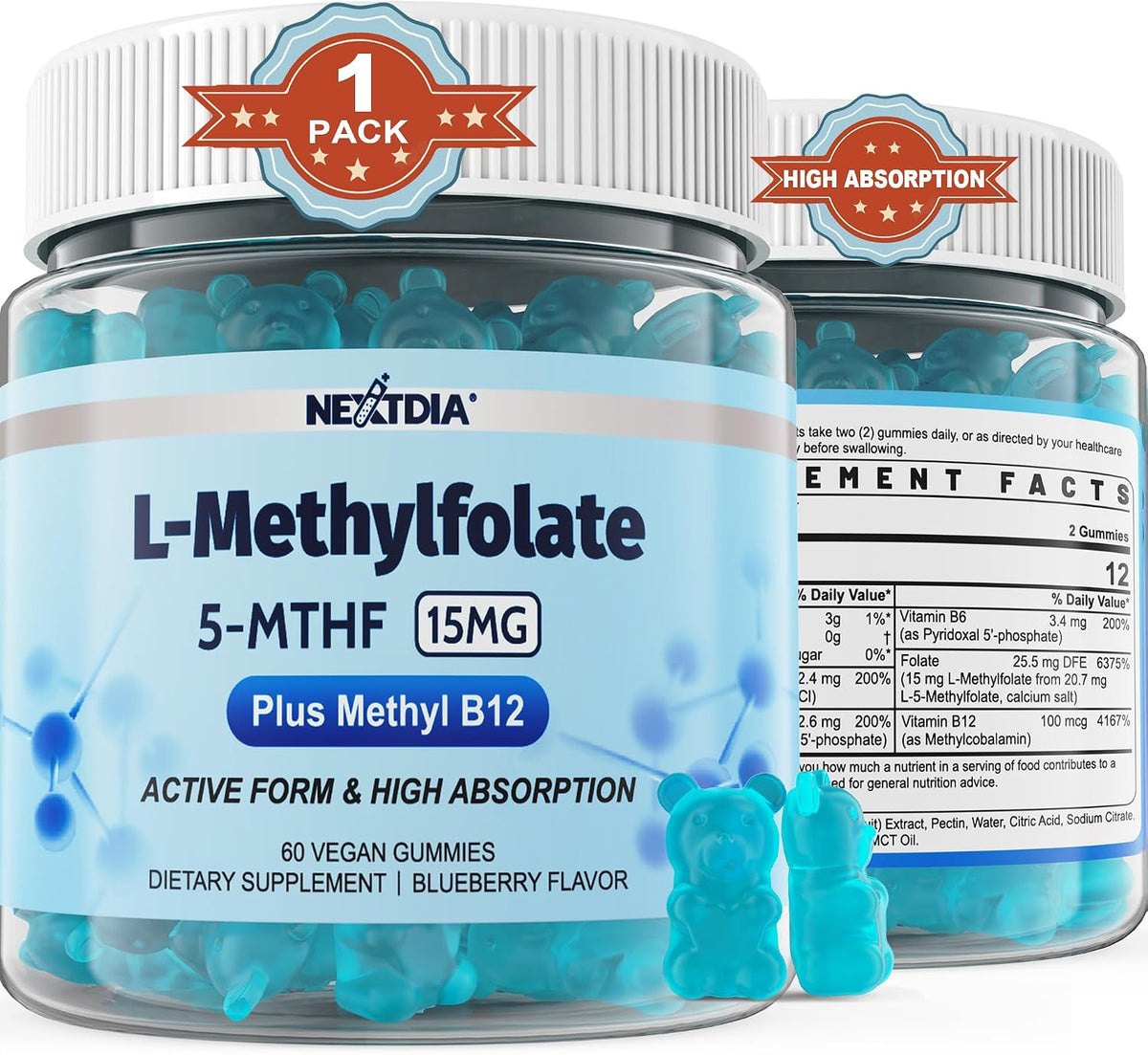 L-MethylFolate 15mg & Methyl B12 Gummies, – Cognitive Function: L-methylfolate and methyl B12 may help maintain – Image 1