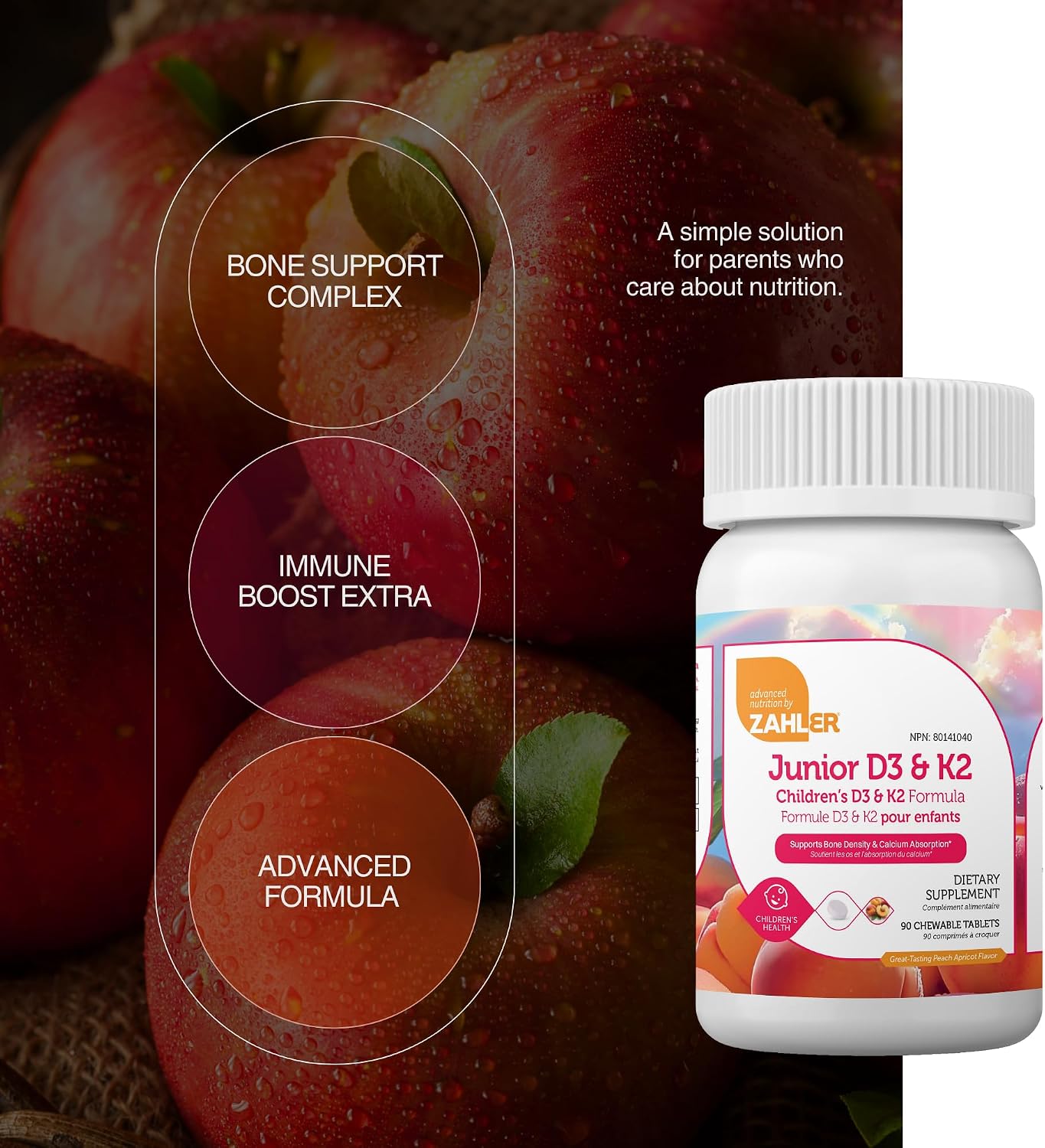 Zahler Junior D3 & K2 - Peach Apricot - 90 Chewable Tablets for Kids Bone & Immune Support - görsel 2