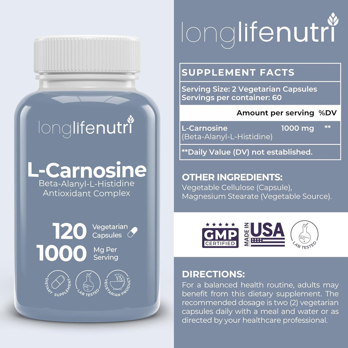 LongLifeNutri L-Carnosine 1000mg – Beta-Alanyl-L-Histidine for Cellular Energy & Brain Clarity, 120 Veg Capsules – Image 2