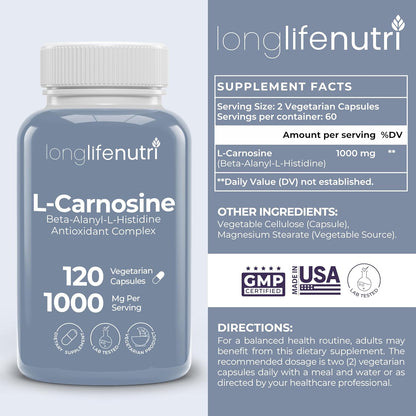 LongLifeNutri L-Carnosine 1000mg – Beta-Alanyl-L-Histidine for Cellular Energy & Brain Clarity, 120 Veg Capsules – Image 2