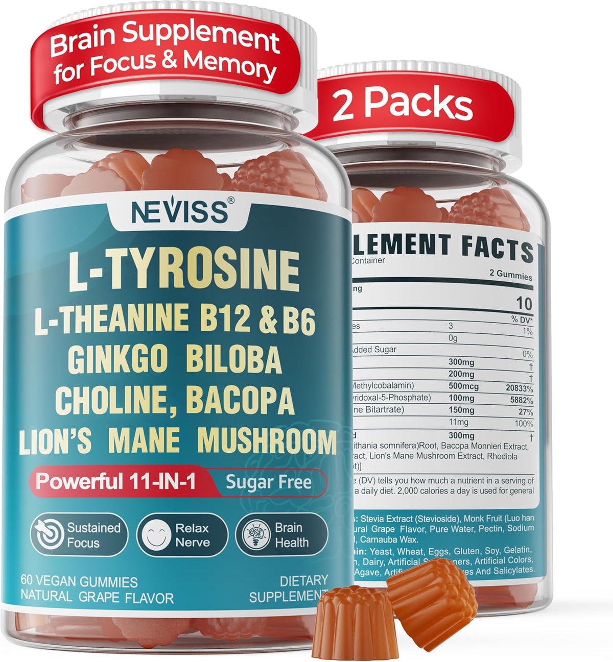 NEVISS Sugar-free L-Tyrosine Gummies – – Brain Herb Complex: 300 mg blend of Lion's Mane, Ginkgo, Bacopa, – Image 8