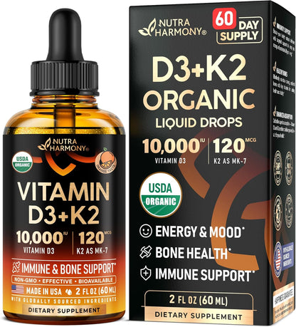 Vitamin D3 K2 USDA Organic Drops, 10000 IU D3 & 120 mcg K2 MK-7, Orange Flavour, 120ml (120-Day Supply)