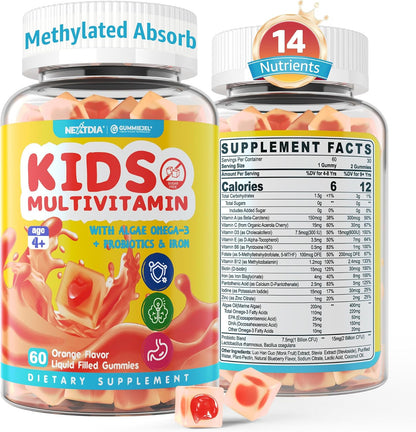 Kids Multivitamin Gummies with Iron – Sugar-free – Daily Vitamins + Probiotics & Algae Omega 3