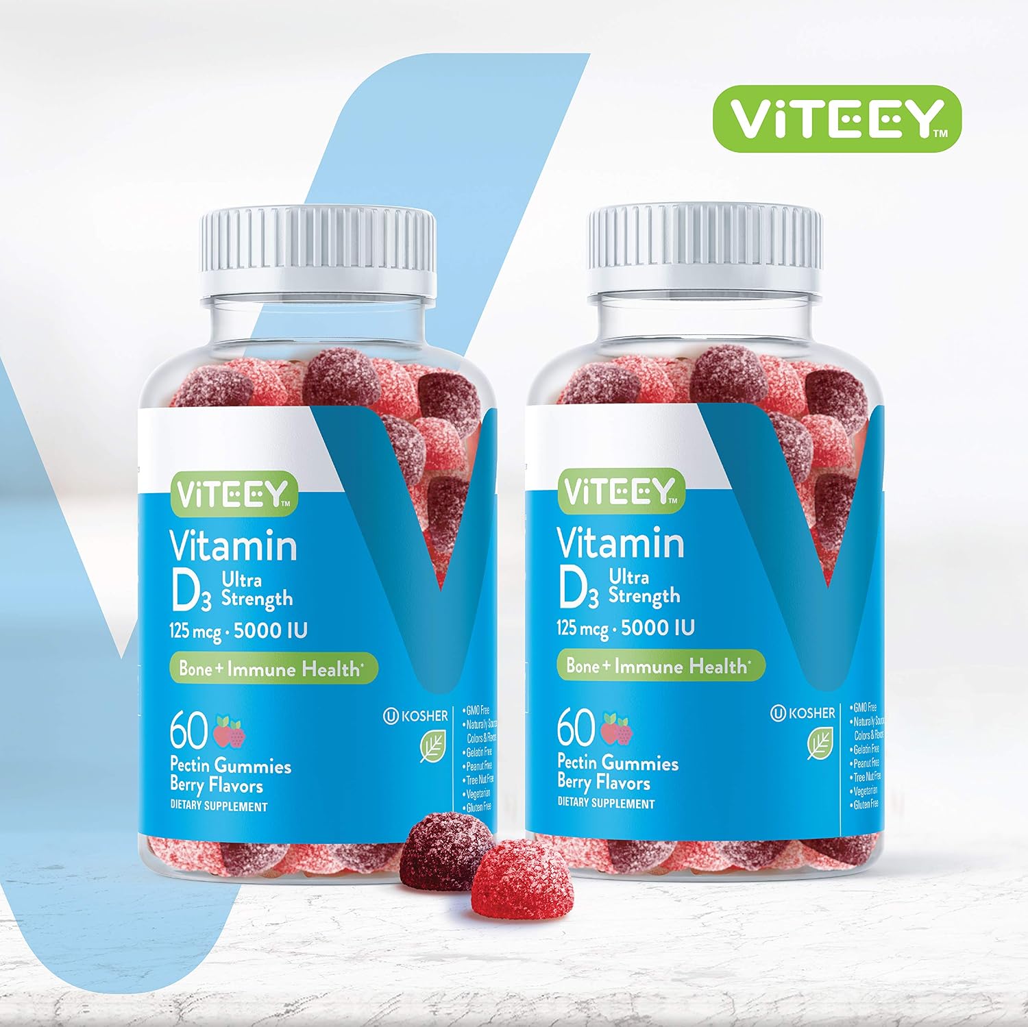 Viteey Vitamin D3 Gummies for Adults & Teens - 5,000 IU Ultra Strength - Berry Flavour - 120 Count - görsel 2