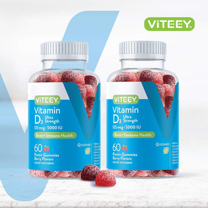 Viteey Vitamin D3 Gummies for Adults & Teens - 5,000 IU Ultra Strength - Berry Flavour - 120 Count