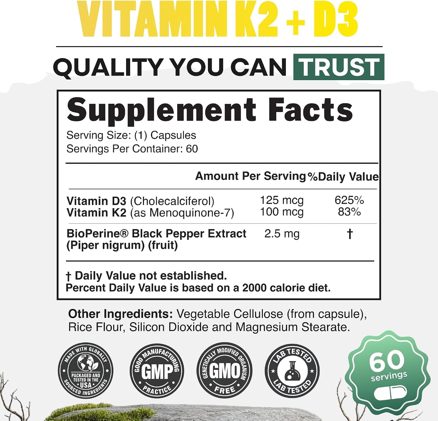 Wild Foods 5000 IU Vitamin D3 + K2 (100mcg Mk7) with Black Pepper Extract, Plant-Based, Non-GM, Soy- & Gluten free, 60 Capsules - görsel 4