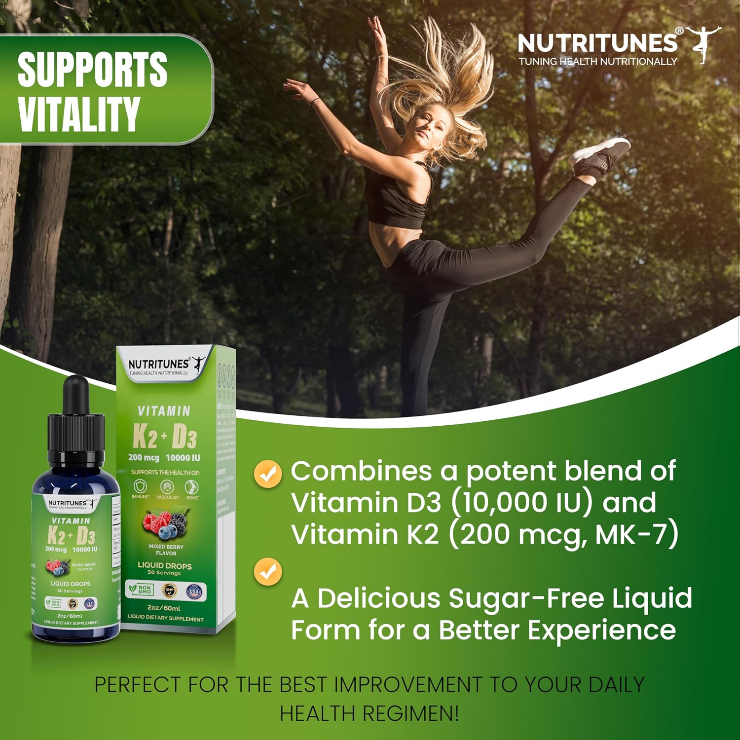 Nutritunes K2 D3 Liquid Drops - Vitamin D3 10,000 IU & Vitamin K2 200 mcg, Mixed Berry, 2 oz - görsel 2