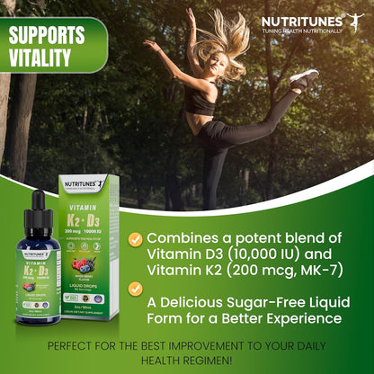 Nutritunes K2 D3 Liquid Drops - Vitamin D3 10,000 IU & Vitamin K2 200 mcg, Mixed Berry, 2 oz