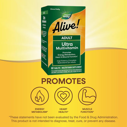 Nature's Way Alive! Adult Ultra Multivitamin, Supports Energy Metabolism, Heart & Muscle Function, with B-Vitamins Including Methylated B12, Gluten Free, 60 Tablets