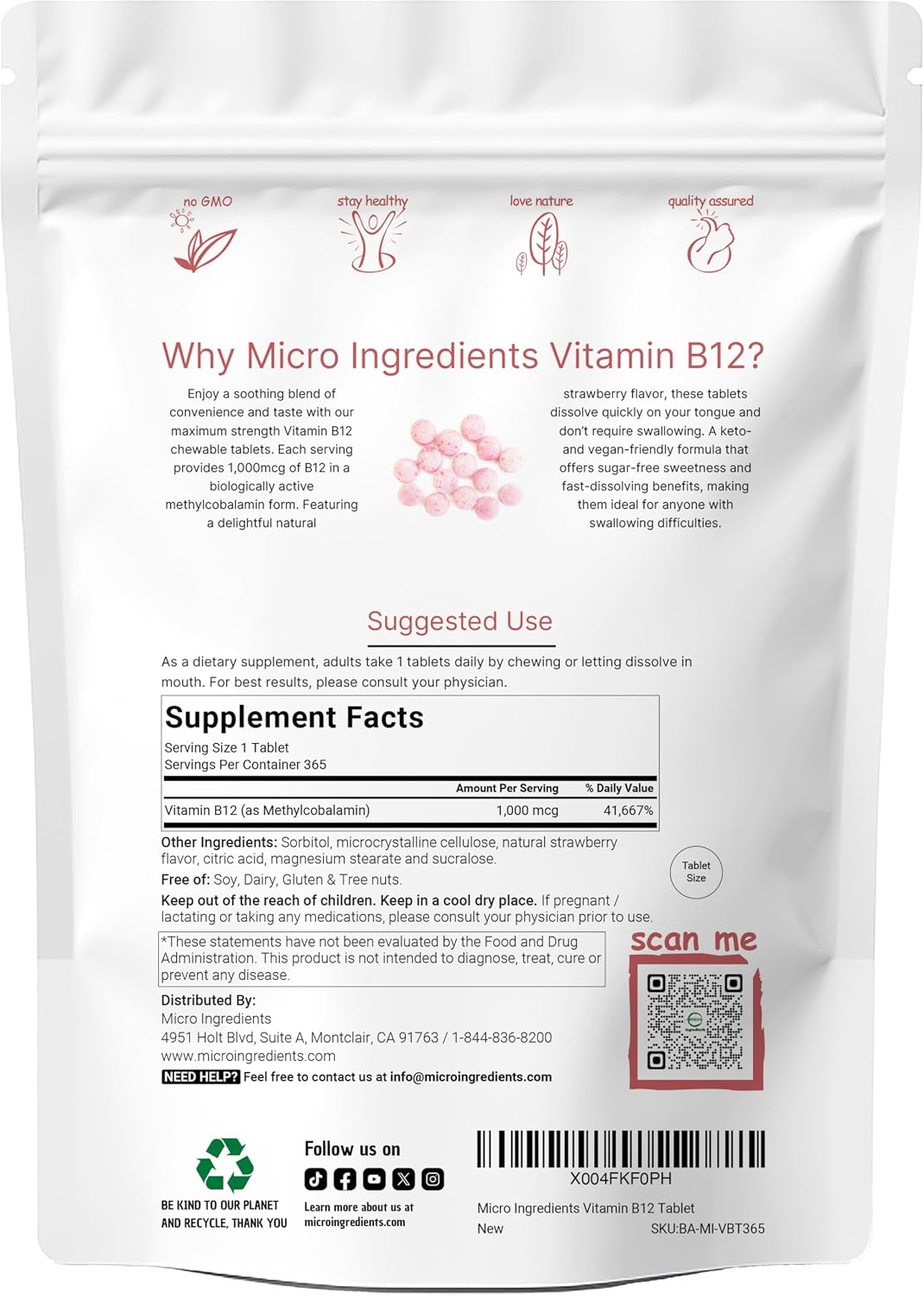 Micro Ingredients Vitamin B12 1,000 mcg Methylcobalamin – 365 Chewable Tablets, Fast Dissolve, Strawberry Flavour – Image 2