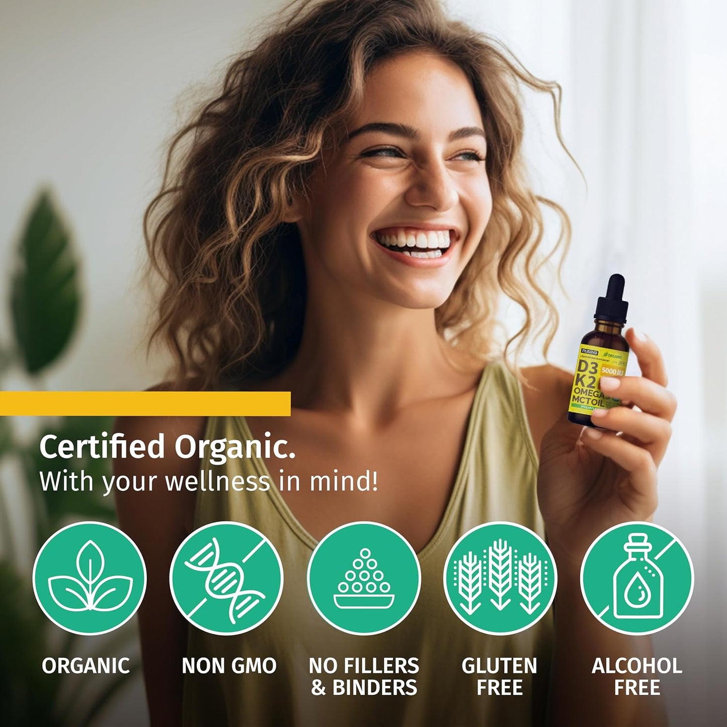 (2 Pack) Organic Vitamin D3 K2 Drops with MCT Oil & Omega 3 - Liquid Vitamin D3 5000 IU - K2 D3 Vitamin Supplement - Vitamin D Drops for Women & Men - No Fillers, Non-GM, GMP, Pineapple (60 mL) - görsel 5