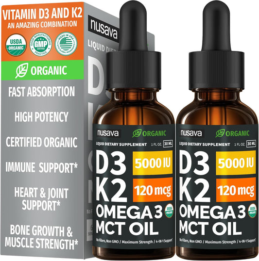 (2 Pack) Organic Vitamin D3 K2 Drops with MCT Oil & Omega 3 - Liquid Vitamin D3 5000 IU - K2 D3 Vitamin Supplement - Vitamin D Drops for Women & Men - No Fillers, Non-GM, GMP, Unflavoured (60 mL)