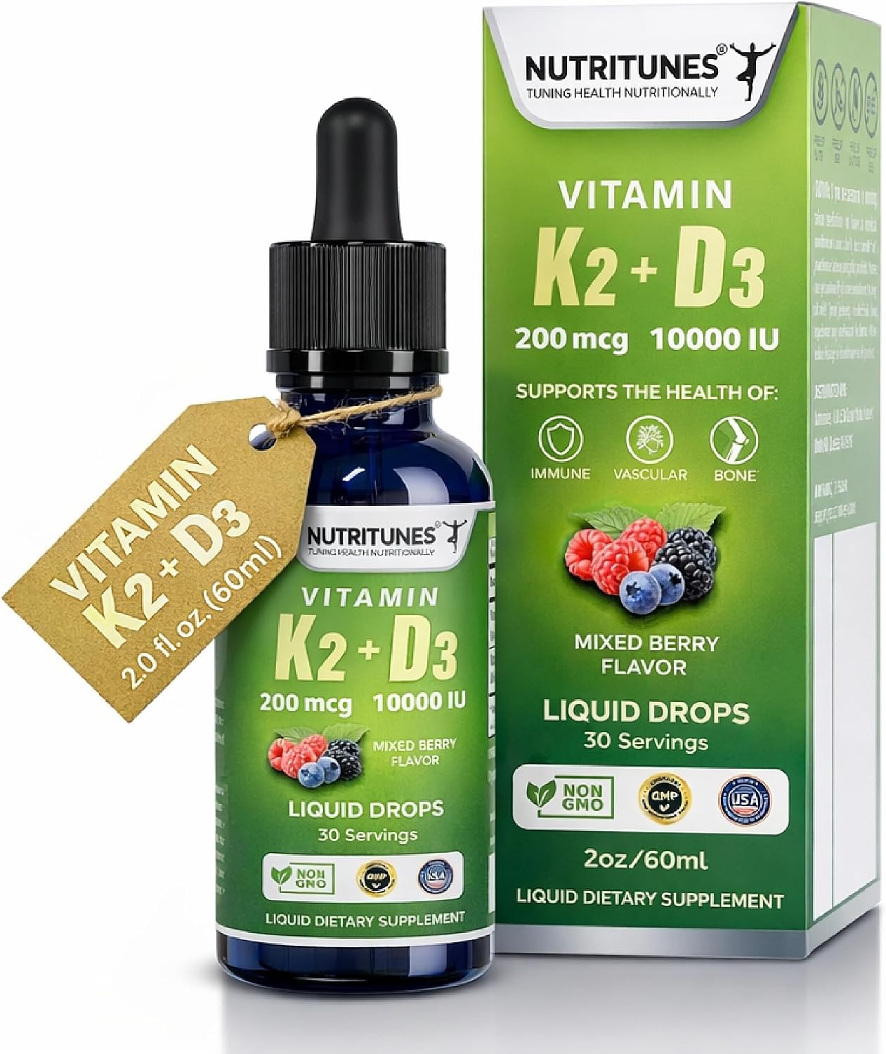 Nutritunes K2 D3 Liquid Drops - Vitamin D3 10,000 IU & Vitamin K2 200 mcg, Mixed Berry, 2 oz - görsel 1