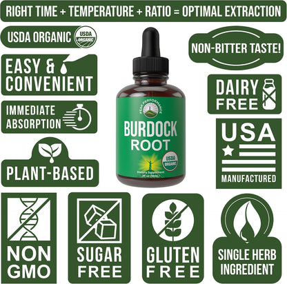 Peak Performance Certified Organic Burdock Root Liquid Drops - Vegan, Gluten free, Non-GM - 60 mL