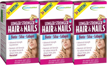 Applied Nutrition Longer Stronger Hair & Nails - 60 Liquid Soft-Gels (Pack of 4) - Biotin, Silica & Collagen - 120 Servings
