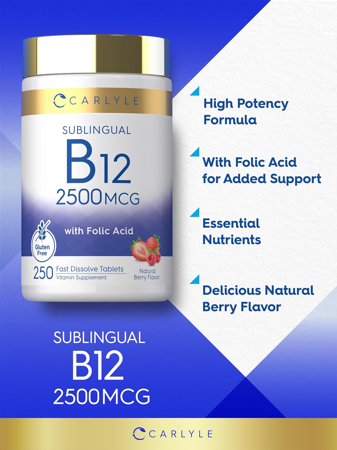 Carlyle Vitamin B12 Sublingual 2500 mcg - 250 Fast Dissolve Tablets - Cyanocobalamin with Folic Acid, Natural Berry Flavour - görsel 4