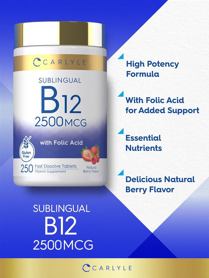 Carlyle Vitamin B12 Sublingual 2500 mcg - 250 Fast Dissolve Tablets - Cyanocobalamin with Folic Acid, Natural Berry Flavour