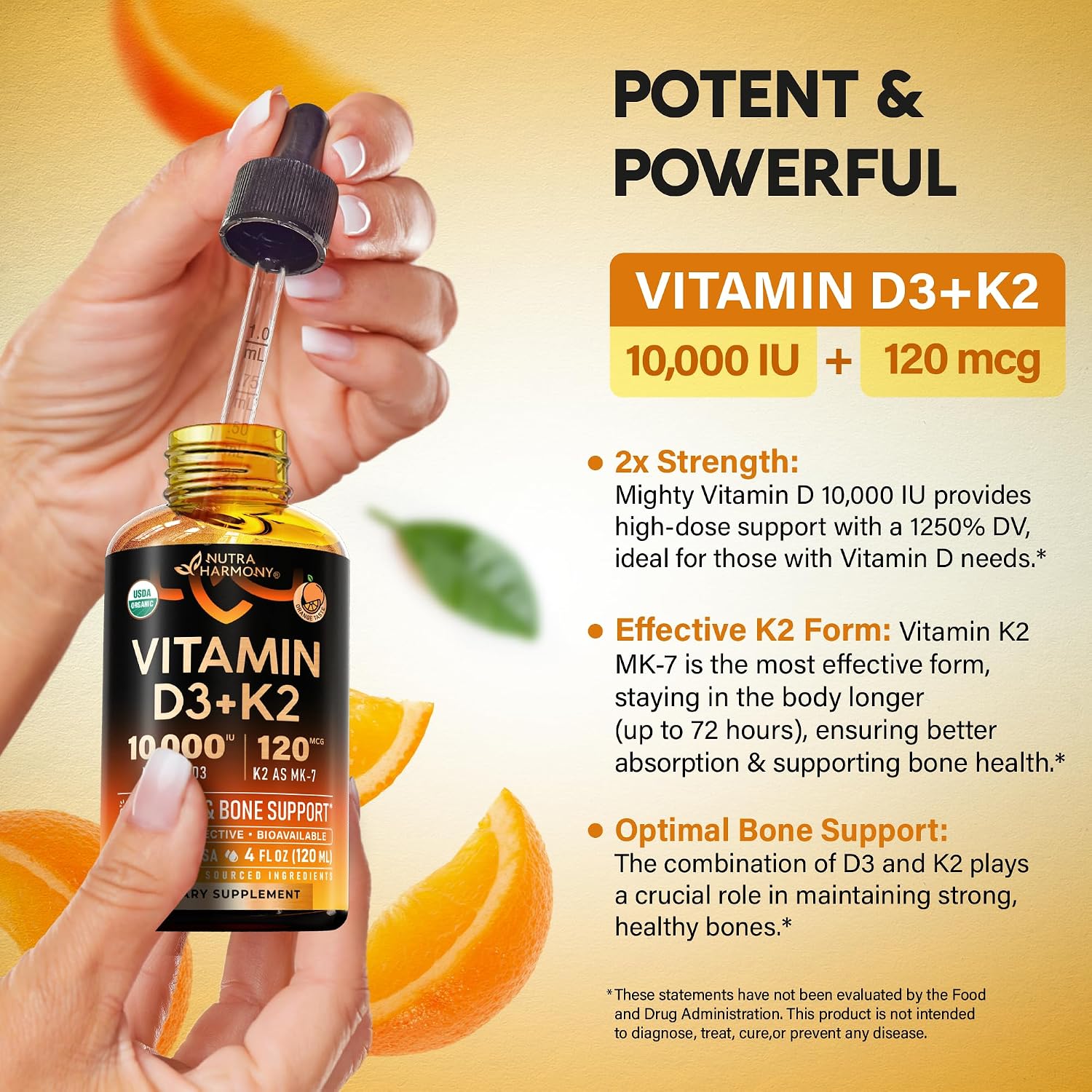 Vitamin D3 K2 USDA Organic Drops, 10000 IU D3 & 120 mcg K2 MK-7, Orange Flavour, 120ml (120-Day Supply) - görsel 6