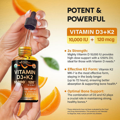 Vitamin D3 K2 USDA Organic Drops, 10000 IU D3 & 120 mcg K2 MK-7, Orange Flavour, 120ml (120-Day Supply)