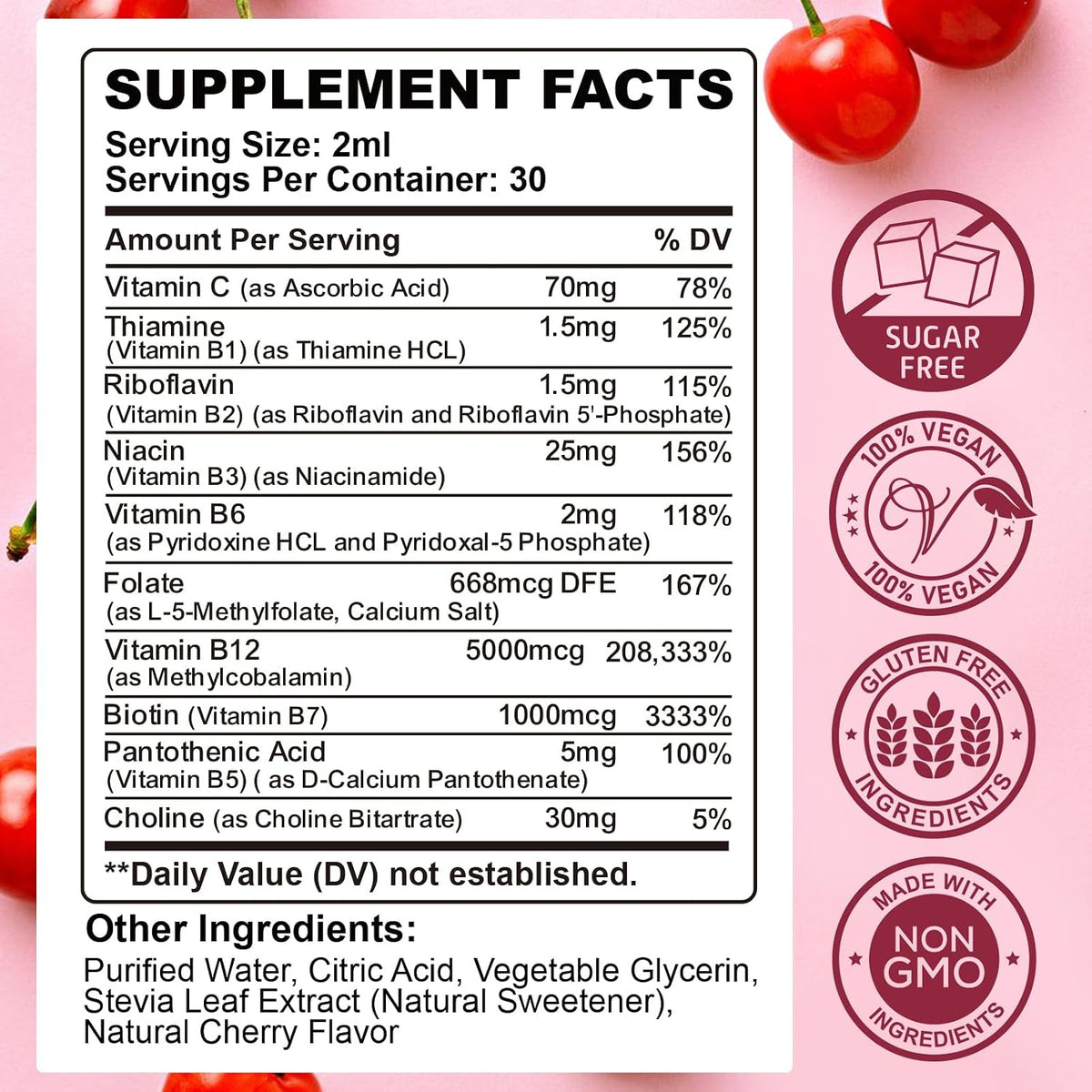 Vitamin B Complex Liquid Drops (2 Pack) - B1, B2, B3, B5, B6, B7, B9 & Methyl B12 - Cherry Flavour – Image 2