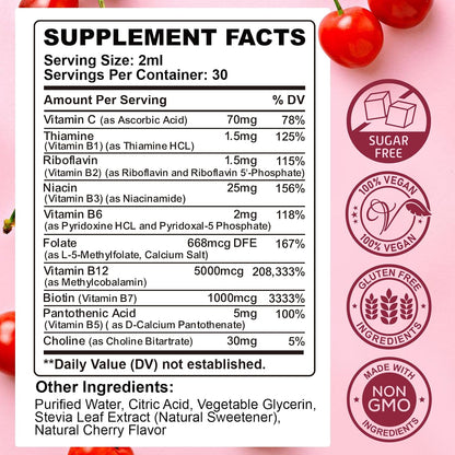 Vitamin B Complex Liquid Drops (2 Pack) - B1, B2, B3, B5, B6, B7, B9 & Methyl B12 - Cherry Flavour – Image 2