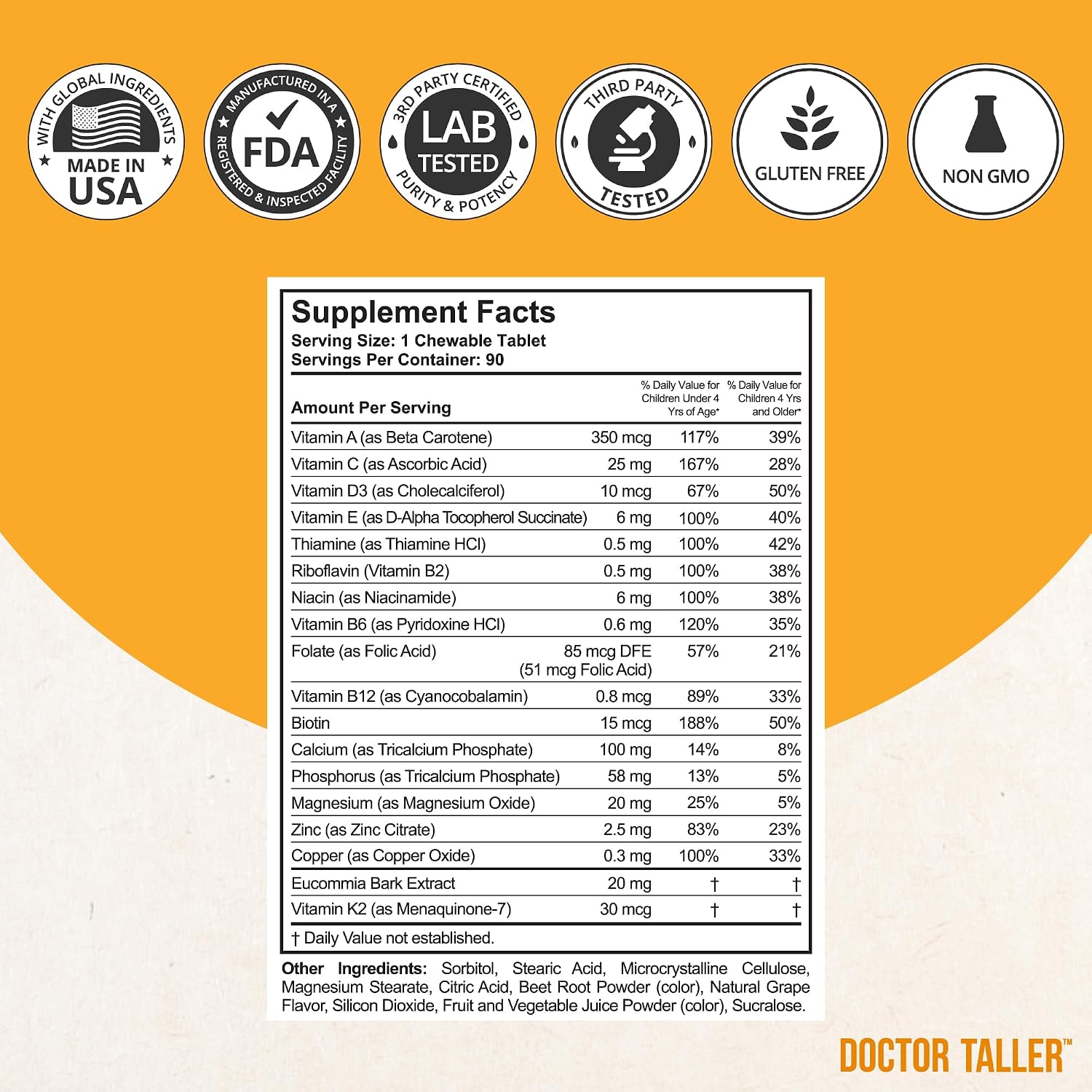Doctor Taller Kids Multivitamins - Grape Flavour - 90 Chewable Tablets (6-Week Supply) - görsel 3