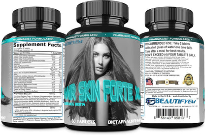 Hair Skin Forte XL Hair & Skin Growth Complex 10,000 mcg Biotin + Collagen Peptides - 60 Tablets