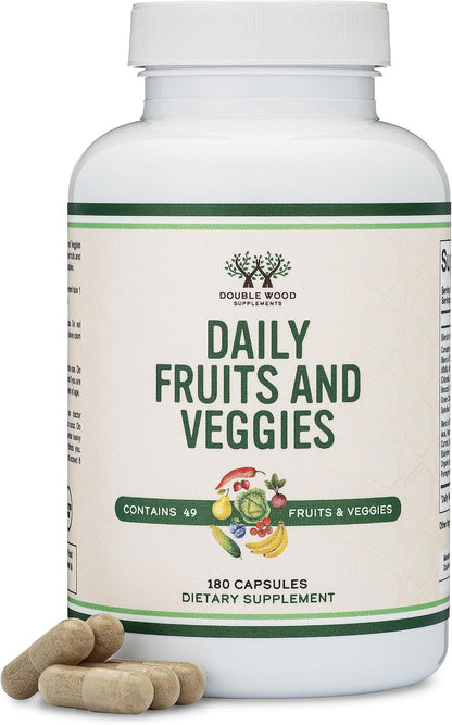 Fruits and Veggies Supplement (Daily Blend of 49 Different Fruits and Vegetables, 23 Veggies and 29 Fruits) 1,500mg Servings, 180 Capsules (No Fillers, Vegan Safe, Non-GM) by Double Wood