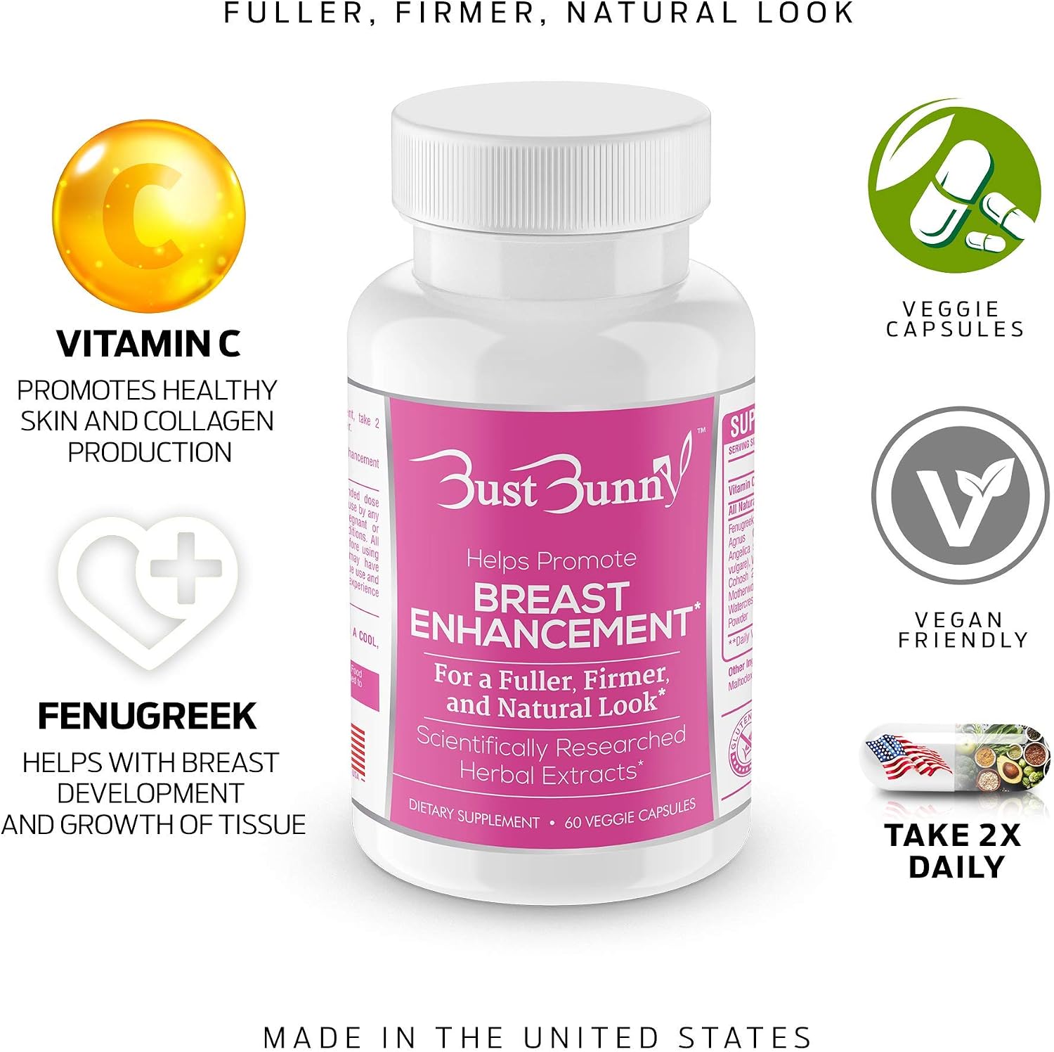 Bust Bunny Breast Enhancement Pills - Vegan, Non-GM, Gluten free - görsel 5