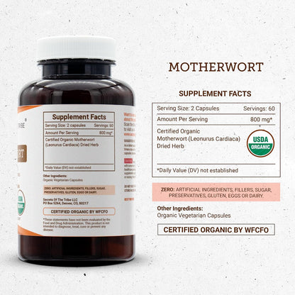 Secrets of the Tribe Motherwort USDA Organic Capsules | Certified Organic Vegetarian Capsules, Herbal Dietary Supplement | Leonurus Cardiaca Dried Herb (120 Count)